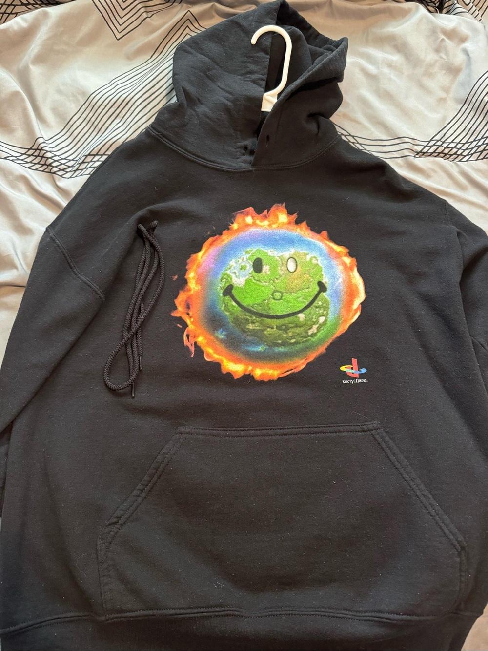 Travis Scott Black Hoodie with Flaming Green Smiley Earth Graphic